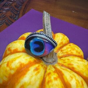 Rainbow Peacock Feather Doublet 925 Silver Plated Ring size 8. Stunning!!!